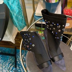 Zara blue suede sweater boots with black satin cross strap size 41